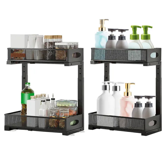 2Pcs Under Sink Organizer 2 Tier Pull Out Cabinet Baskets Storage Shelf Sliding Storage Drawers Rack With 5 Adjustable Height Mesh Baskets For Home Kitchen Bathroom Office