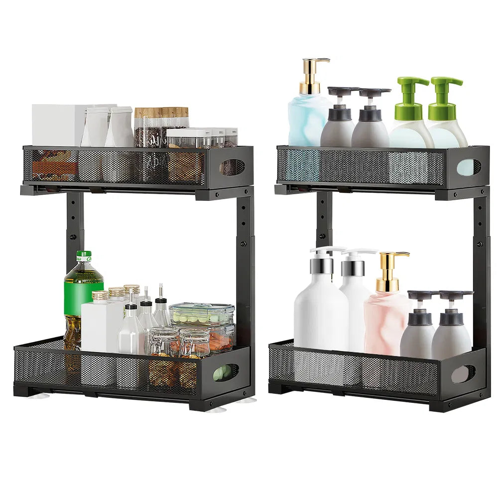2Pcs Under Sink Organizer 2 Tier Pull Out Cabinet Baskets Storage Shelf Sliding Storage Drawers Rack With 5 Adjustable Height Mesh Baskets For Home Kitchen Bathroom Office
